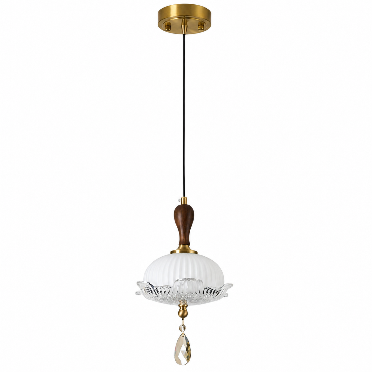 Complete Valloren Ribbed Glass and Walnut Pendant Light on pure white