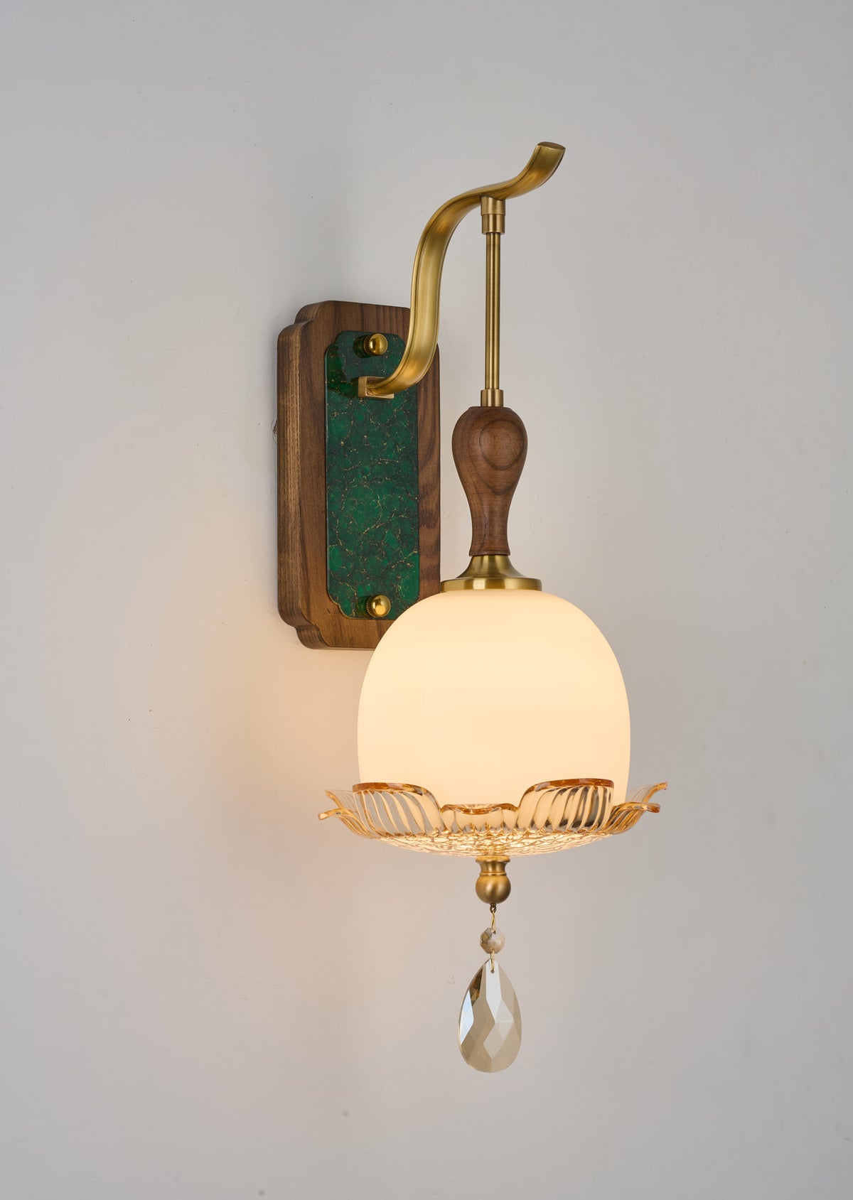 Complete supplier real photograph of the Virdelune rounded opal dome wall sconce, A2 configuration, alternate view 1