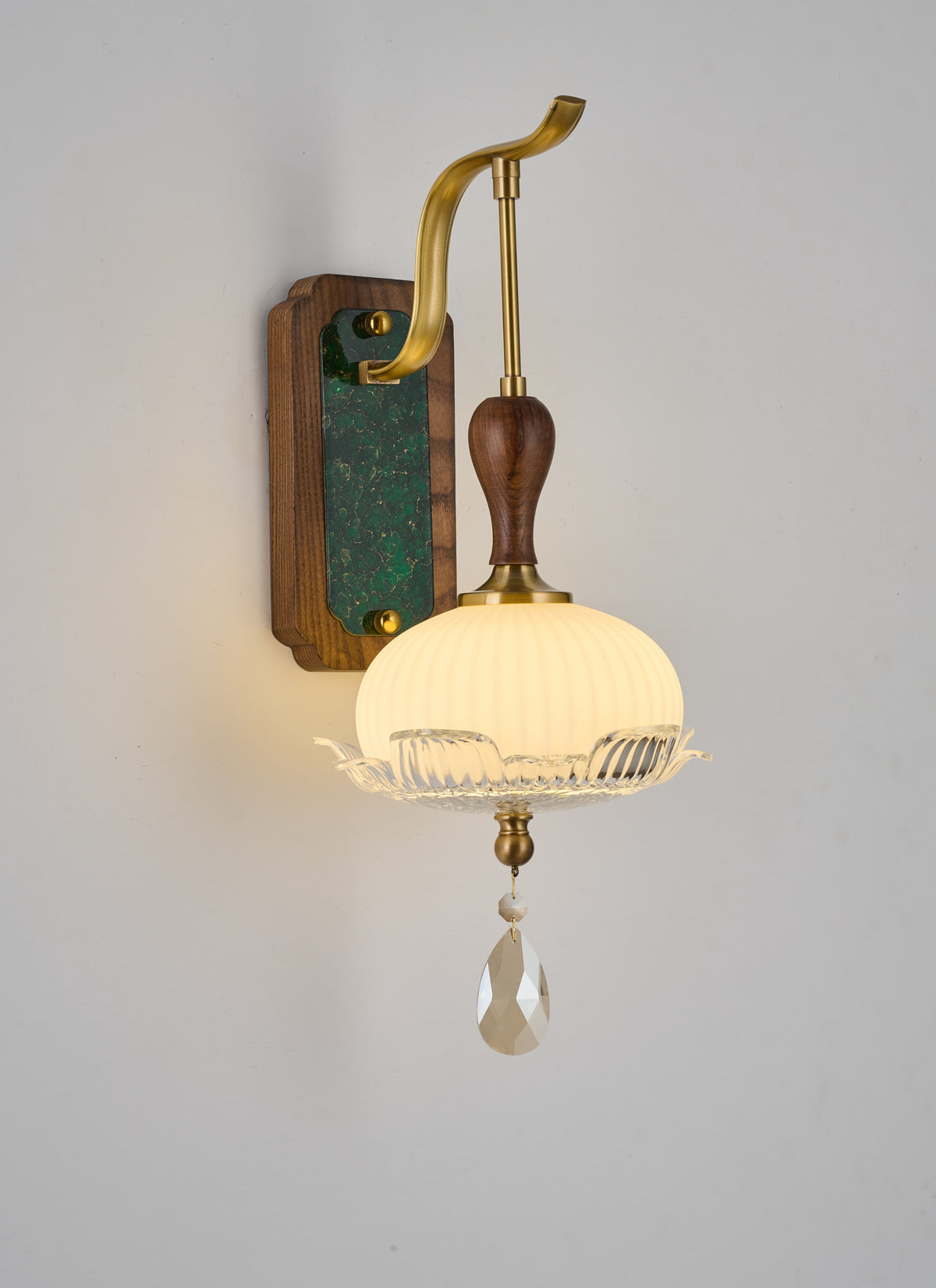 Complete supplier real photograph of the Virdelune shallow fluted bowl wall sconce, A2 configuration, alternate view 1