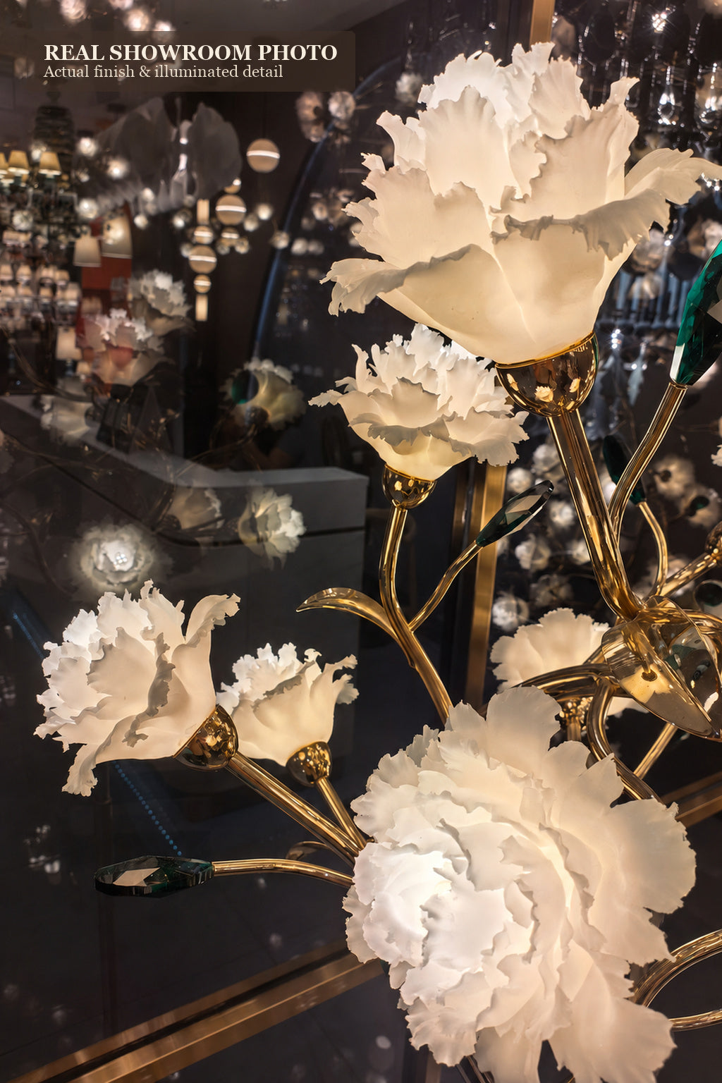 Sylverelle floor lamp – close showroom view of white ruffled floral shades and gold-tone branch details