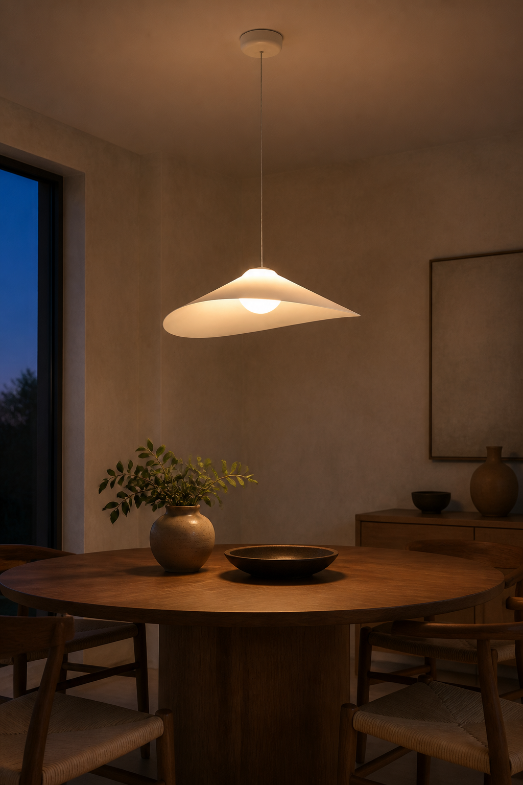 Velaire Sculptural Wing Pendant Light 50 cm installed scene 9 with complete ceiling connection