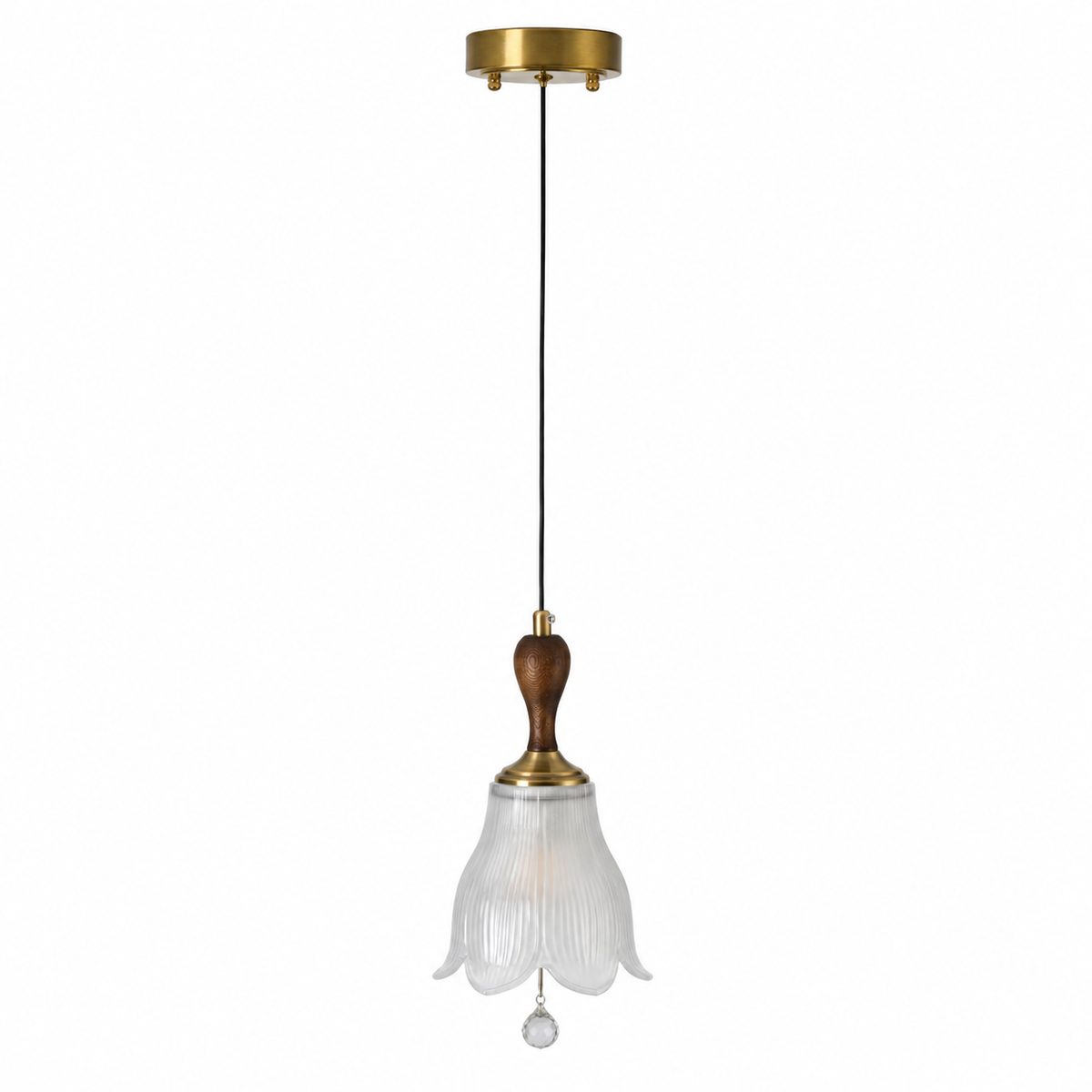Complete Bellarune Ribbed Bell Glass and Walnut Pendant Light on pure white