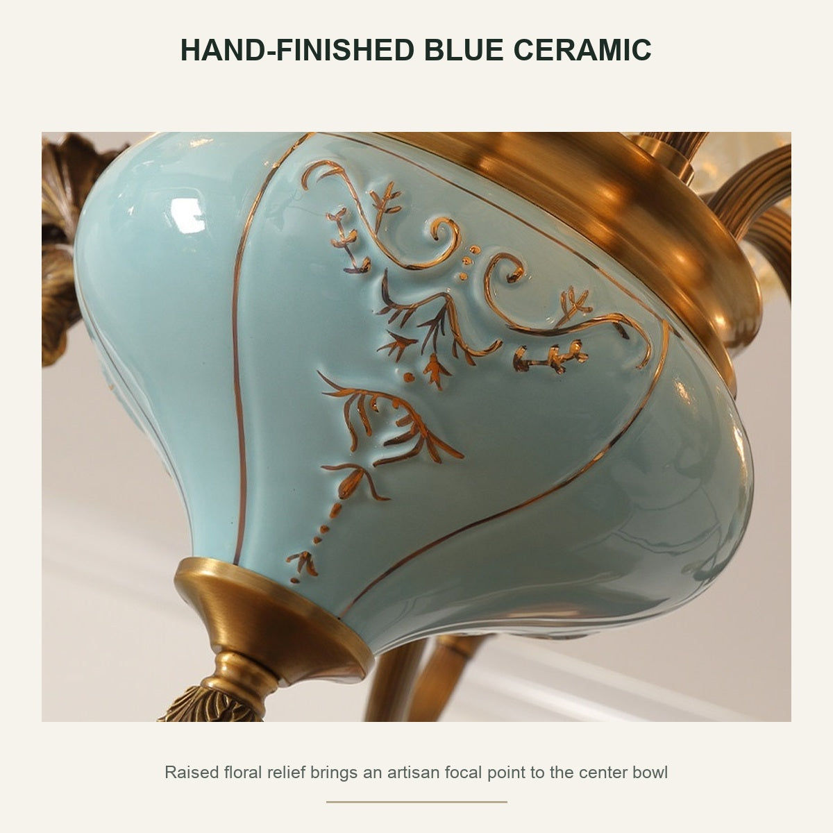 Blue Glazed Ceramic Brass Chandelier hand-finished blue ceramic center detail