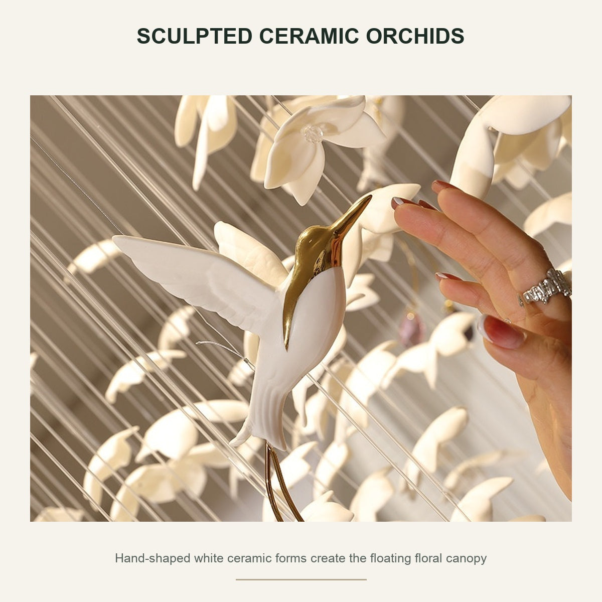 Floating Orchid Ceramic Grand Cascade Chandelier sculpted white ceramic orchid detail