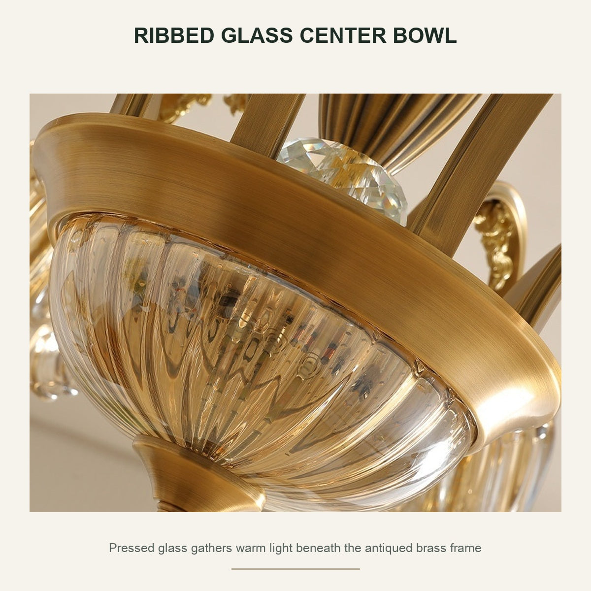 Vintage Brass Floral Glass Flush Mount ribbed glass center bowl detail