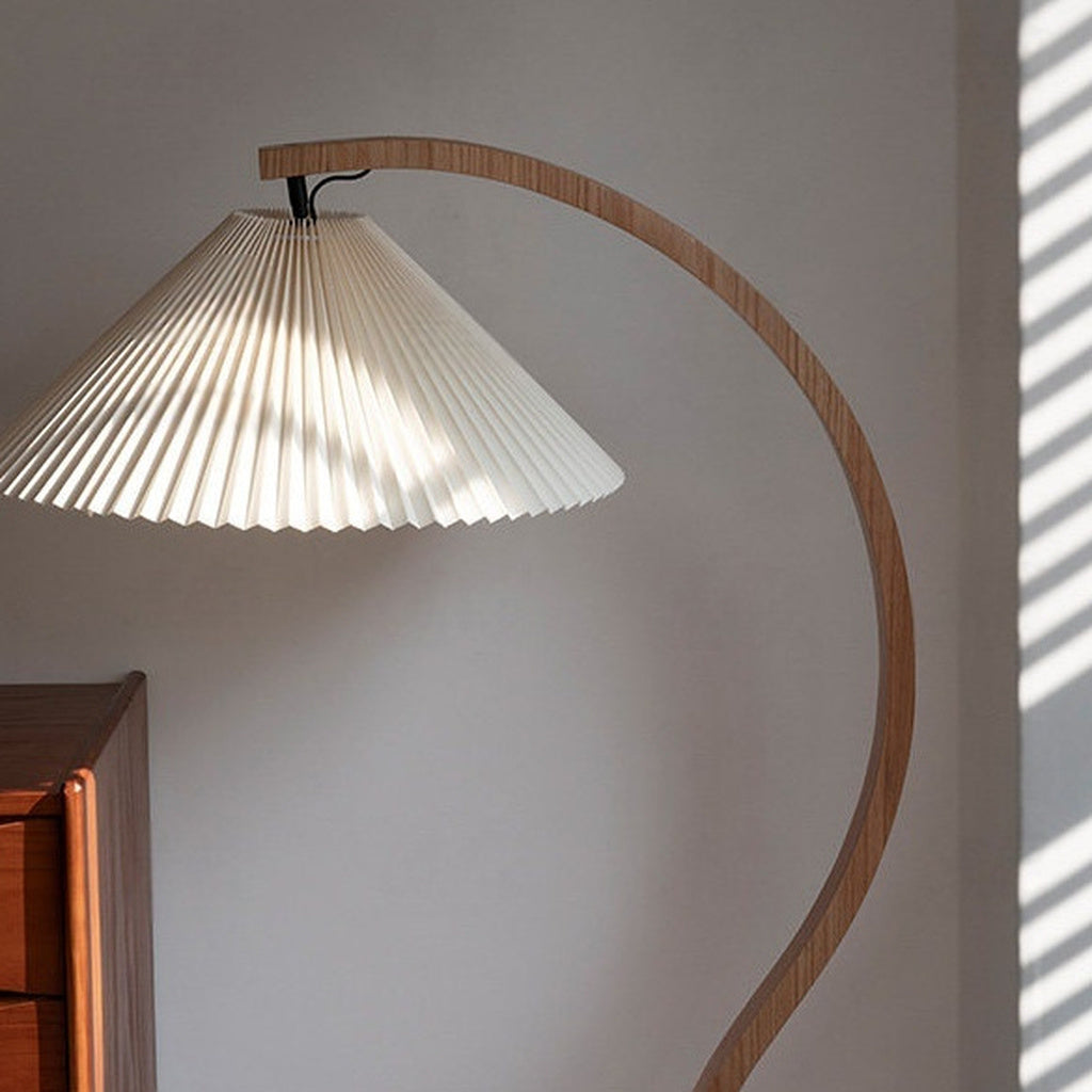 Sculptural Wood Floor Lamp — real top hardware, curved frame, and shade detail