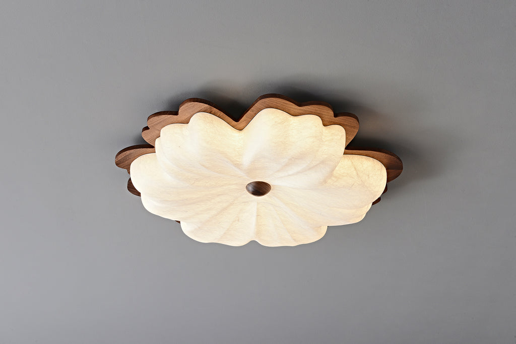 Modern Mulberry Silk Flower Ceiling Light in Walnut and White - 12 12-detail-wood-frame