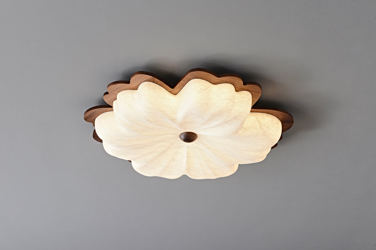 Modern Mulberry Silk Flower Ceiling Light in Walnut and White - 12 12-detail-wood-frame
