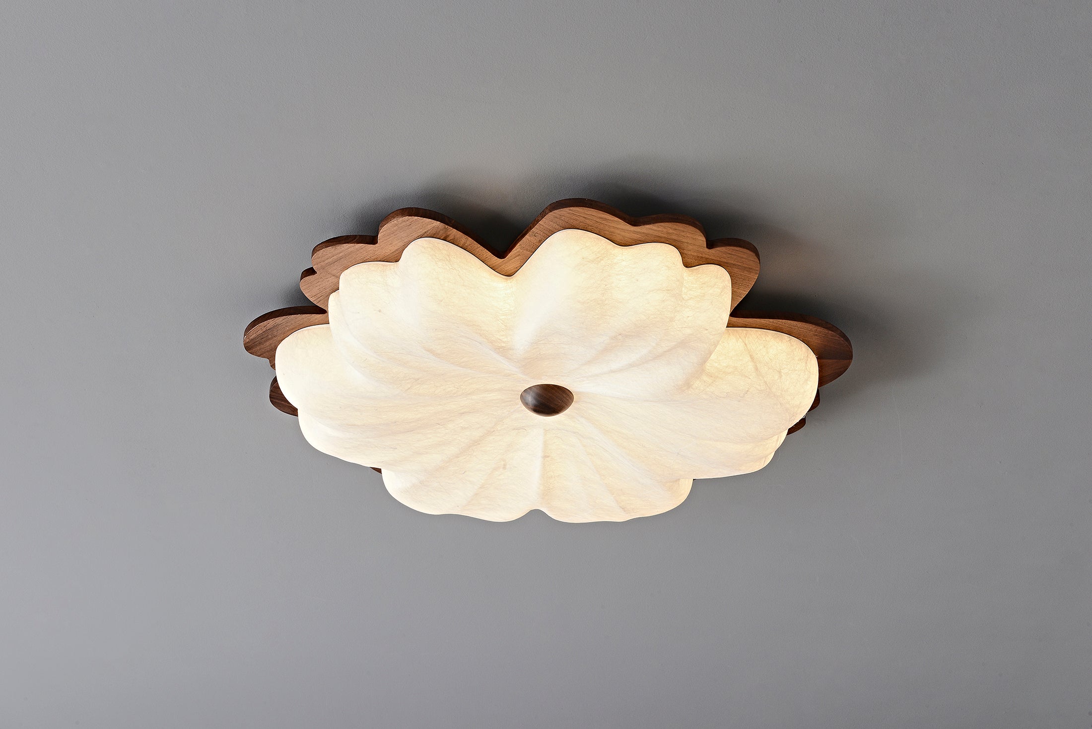 Modern Mulberry Silk Flower Ceiling Light in Walnut and White - 12 12-detail-wood-frame