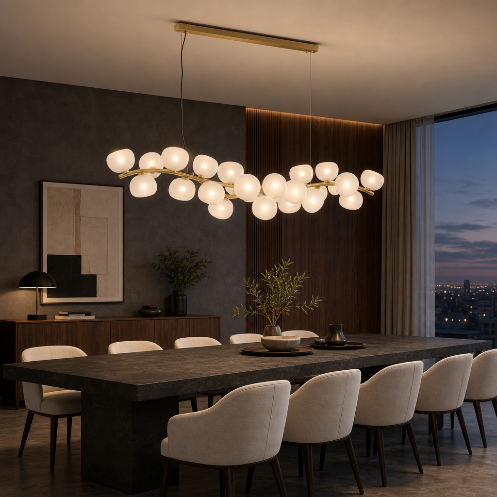 Frosted glass 26-light linear chandelier illuminated above a charcoal stone dining table