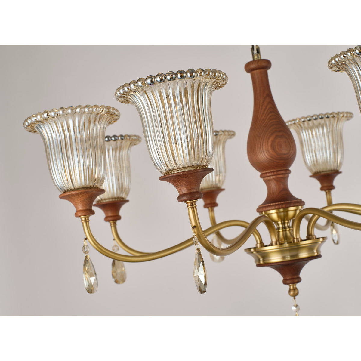 Real Rosalind chandelier detail showing a ribbed shade and crystal drop