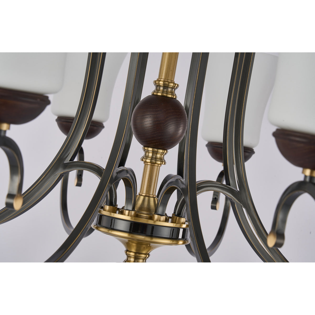Supplier real detail photograph of the Haverford dark ash-wood center sphere, brass stem and blackened cage frame