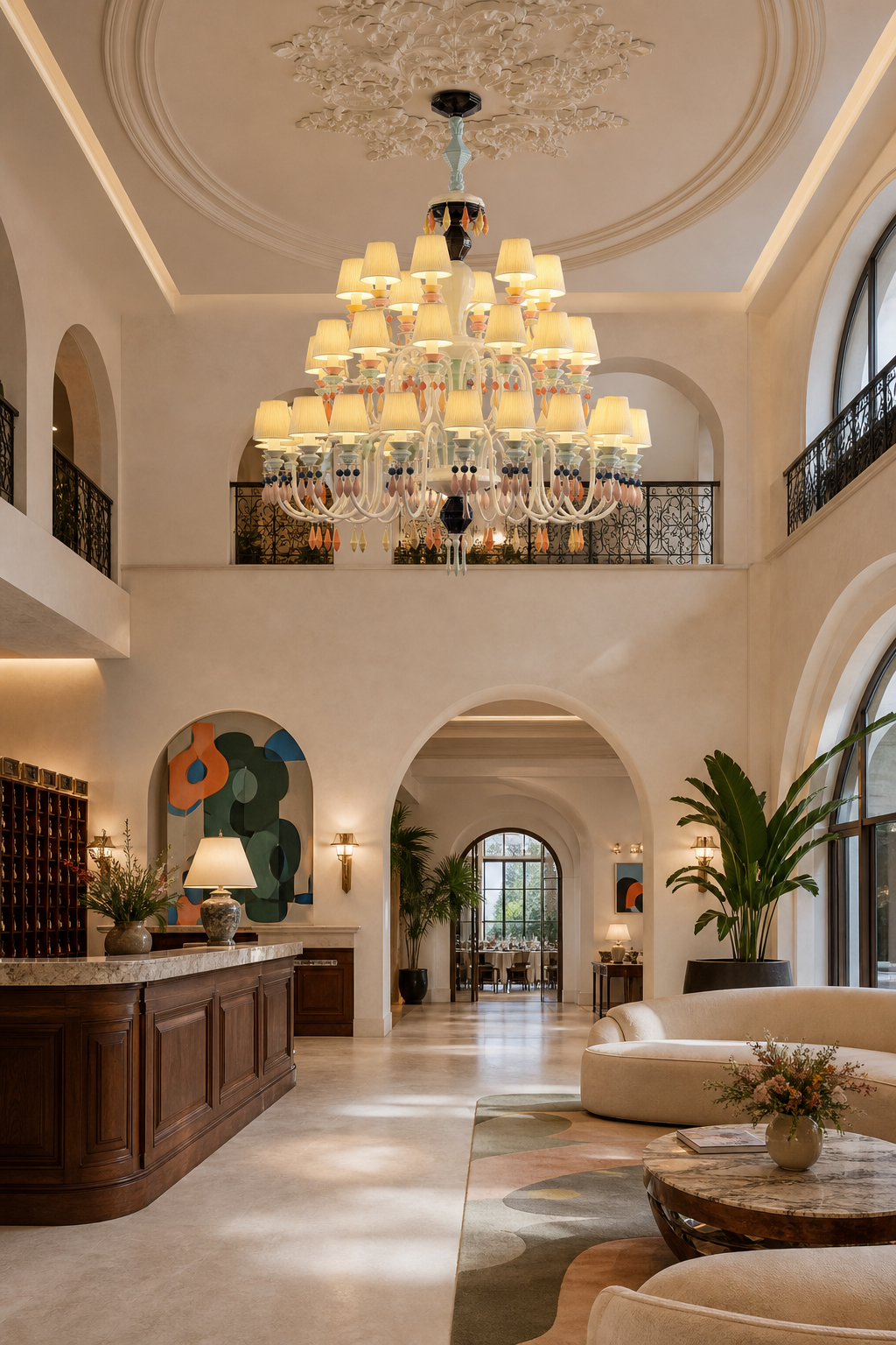 Pastel Ceramic Triple-Tier Grand Chandelier in a luxury hotel lobby