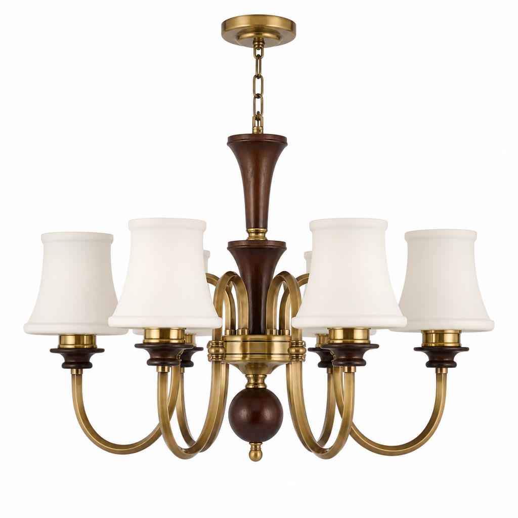 Complete Kingswell six-light chandelier on pure white with ceiling canopy