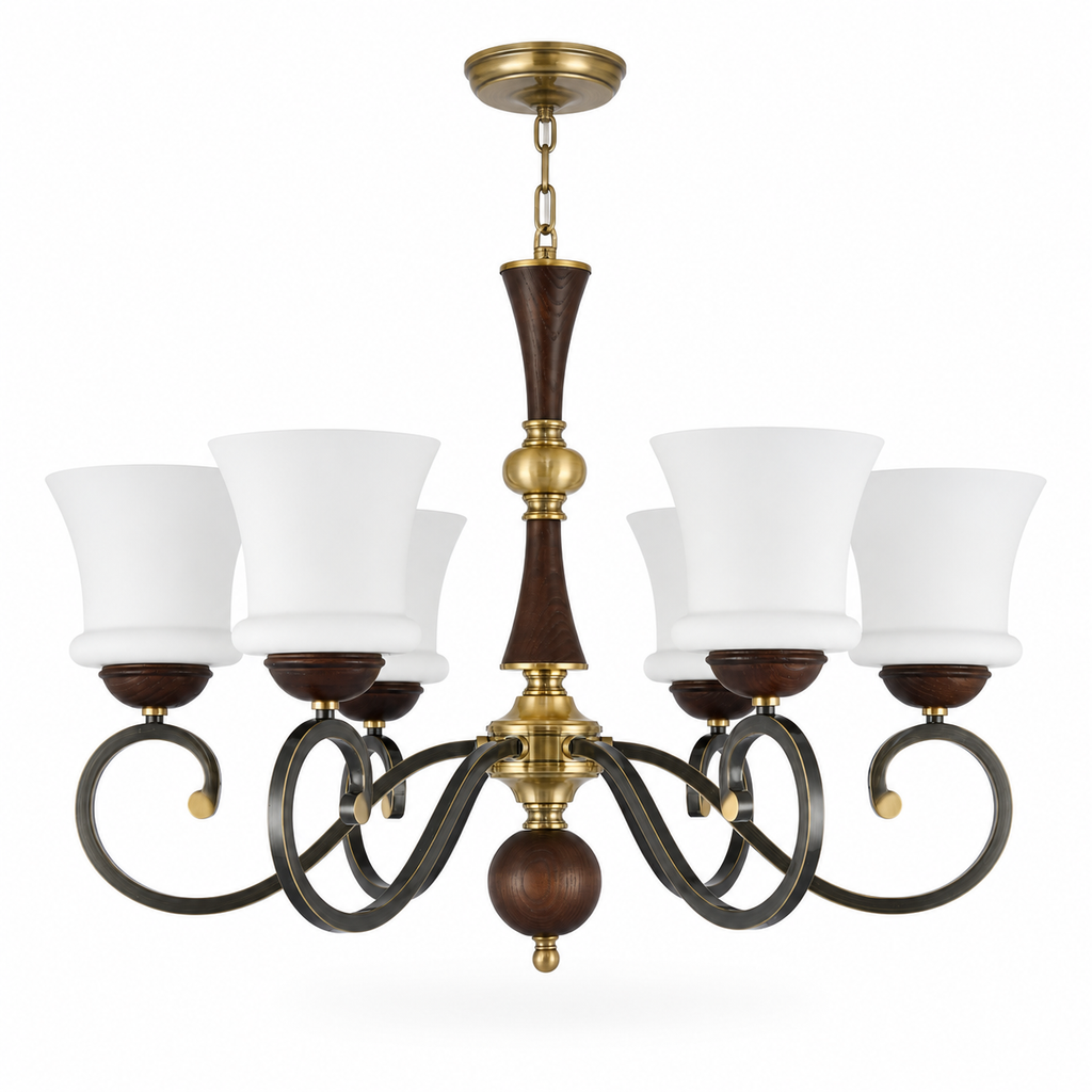 Complete Langford six-light chandelier on pure white