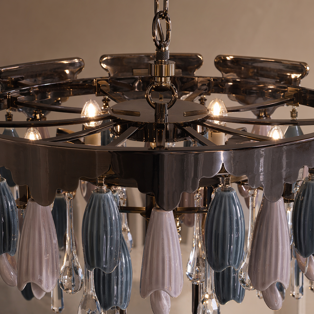 Blue Grey Ceramic Glass Chandelier - 12 material upper frame bulb detail