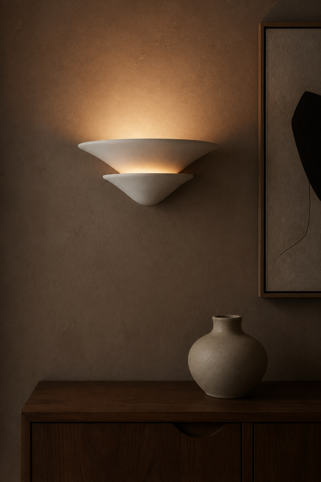 Sculptural Double-Tier Plaster Wall Sconce — illuminated wall sconce at night