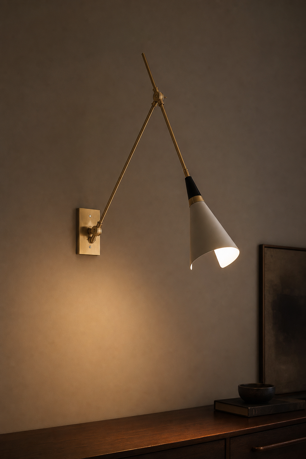 Adjustable Brass Wall Sconce — illuminated Long Arm sconce at night