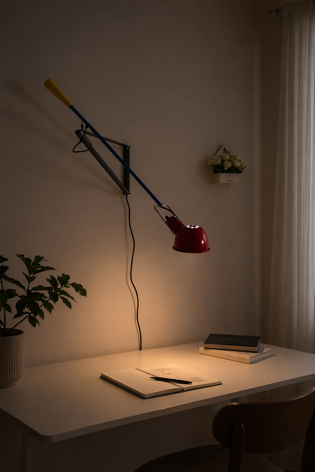 Red swing-arm wall lamp 7014 in warm evening light