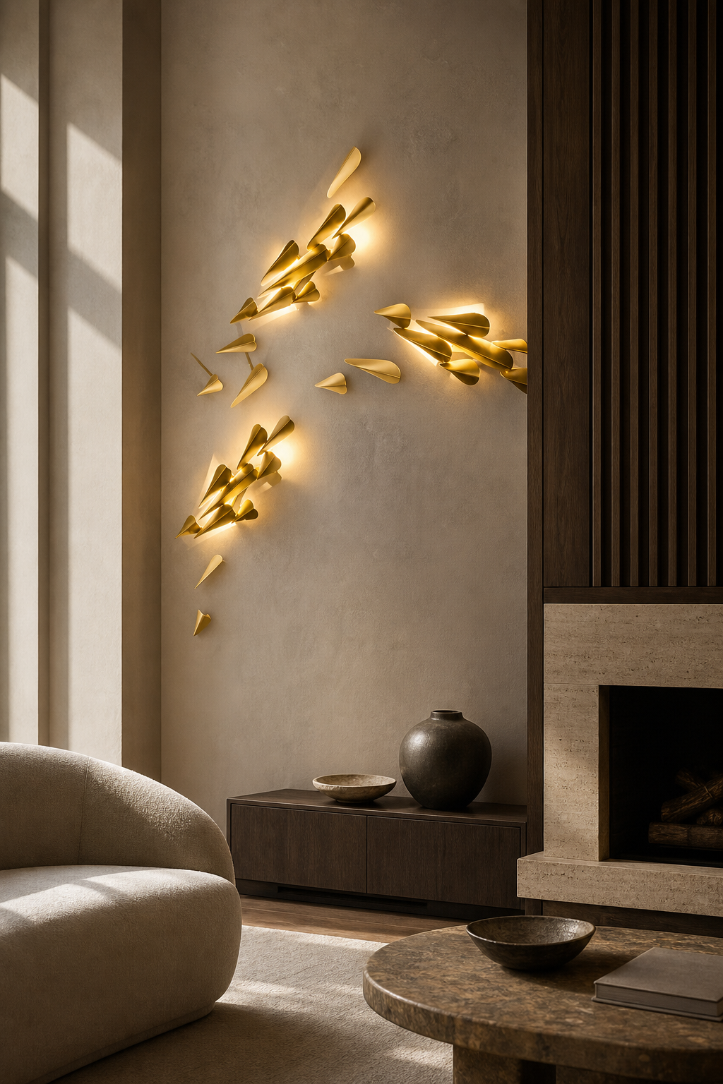Brass Leaf LED Wall Art Sconce illuminated on an accent wall in the evening