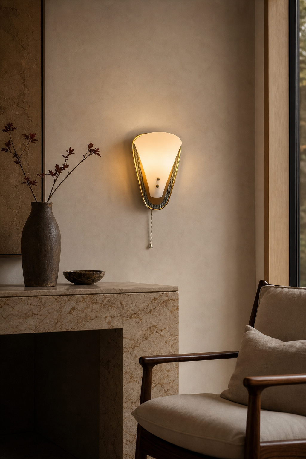 Sculptural White Petal Pull-Chain Wall Sconce night mood