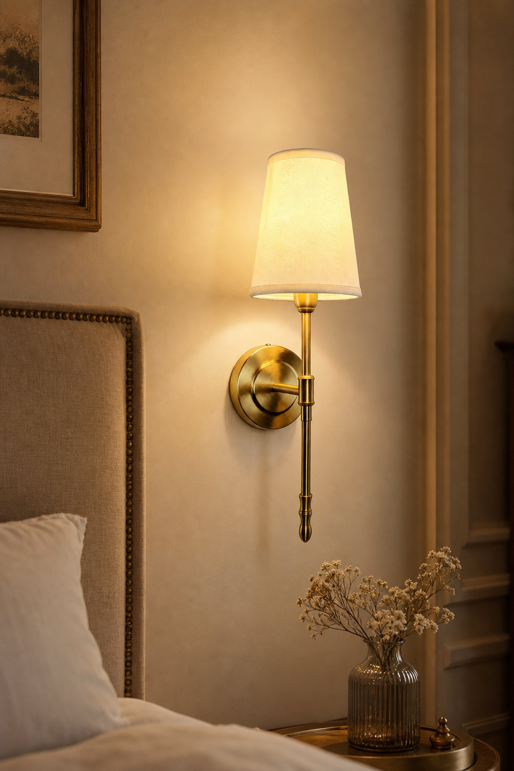 Antique Brass Fabric Shade Wall Sconce night mood