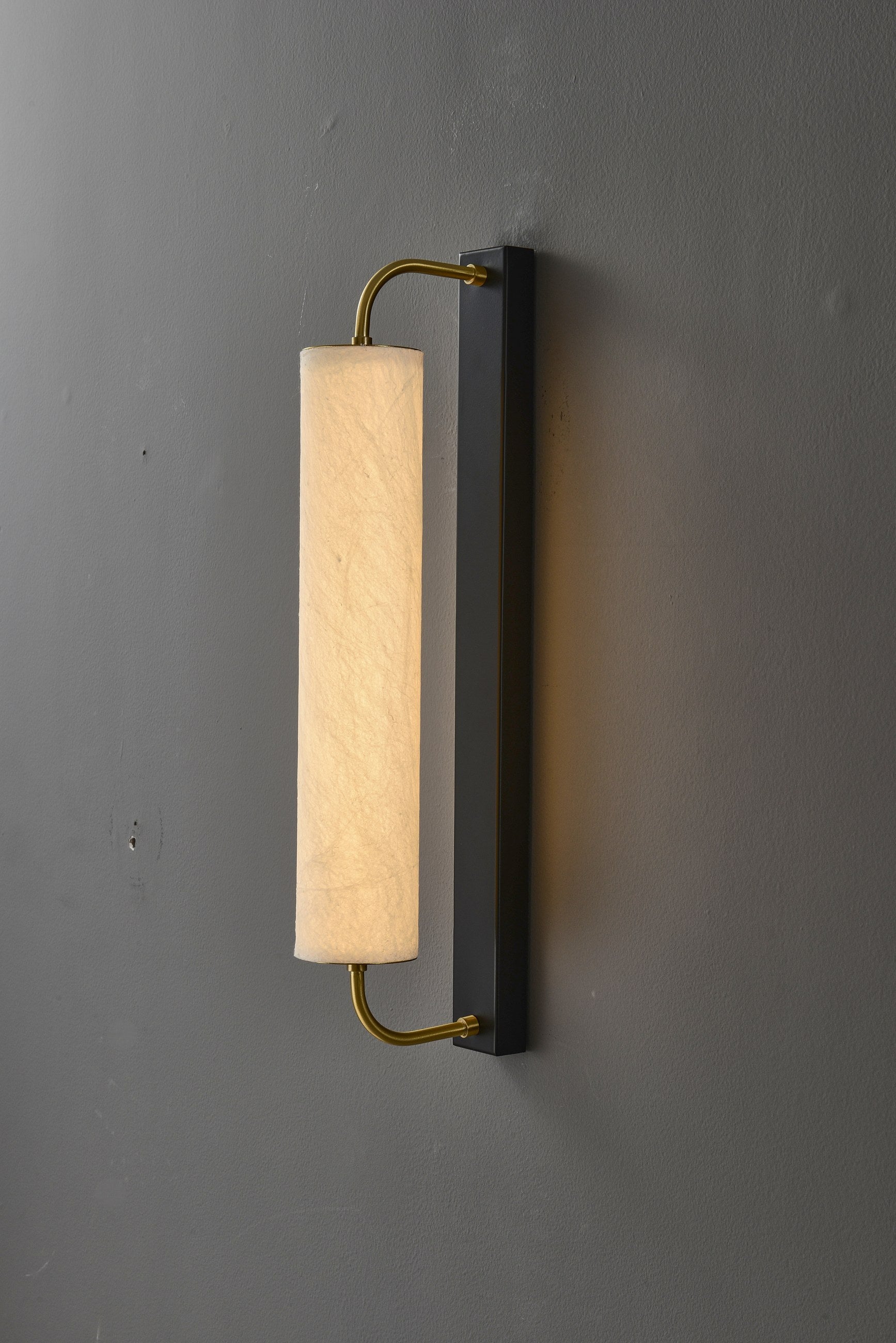 Modern Mulberry Silk Cylinder Wall Sconce in Brass or Black - 12 12-product-real-brass-small-lit-angle