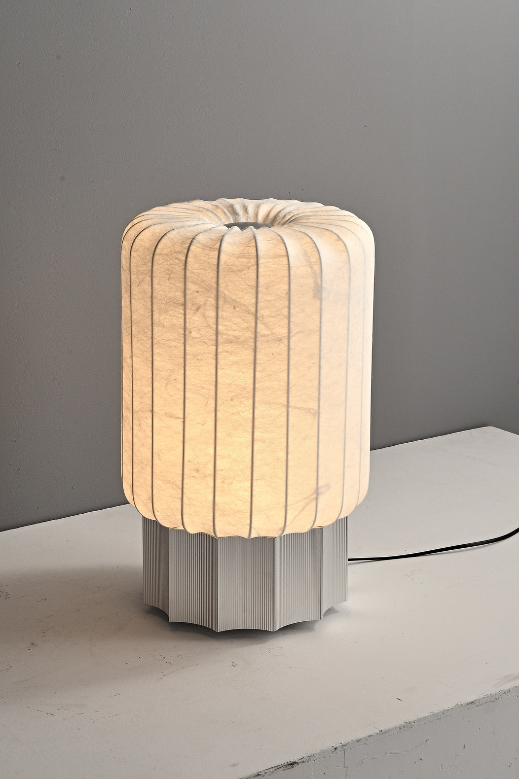 Modern Mulberry Silk Cylinder Table and Floor Lamp in Pewter Gray - 11 12-real-floor-lamp-lit