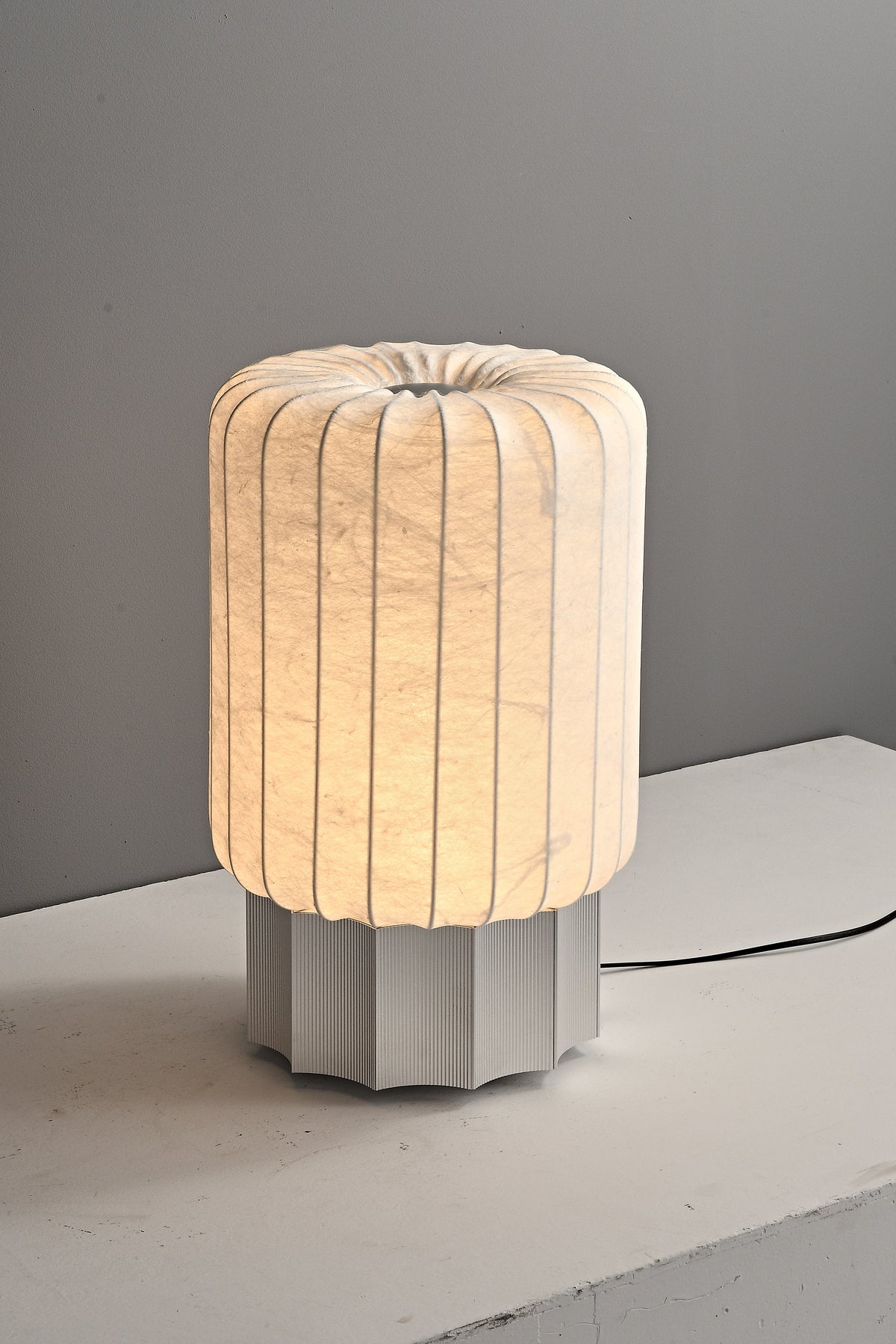 Modern Mulberry Silk Cylinder Table and Floor Lamp in Pewter Gray - 11 12-real-floor-lamp-lit