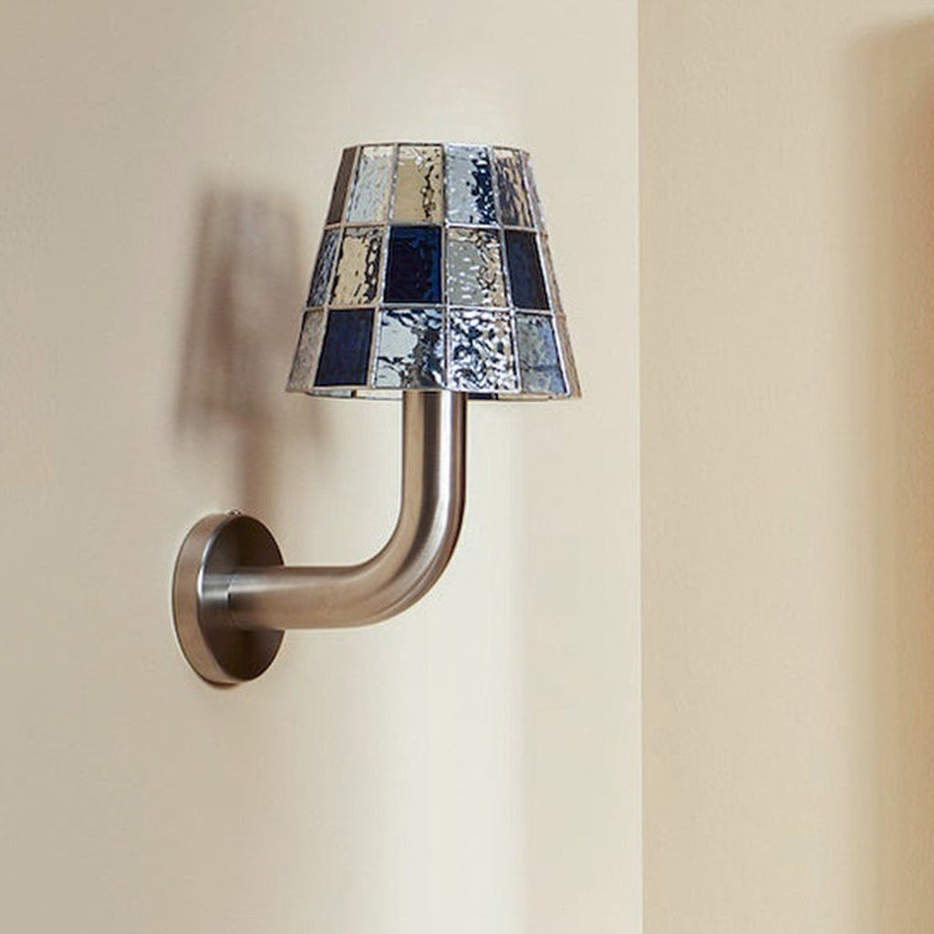 Textured Glass Long-Arm Wall Sconce — real long blue installed reference