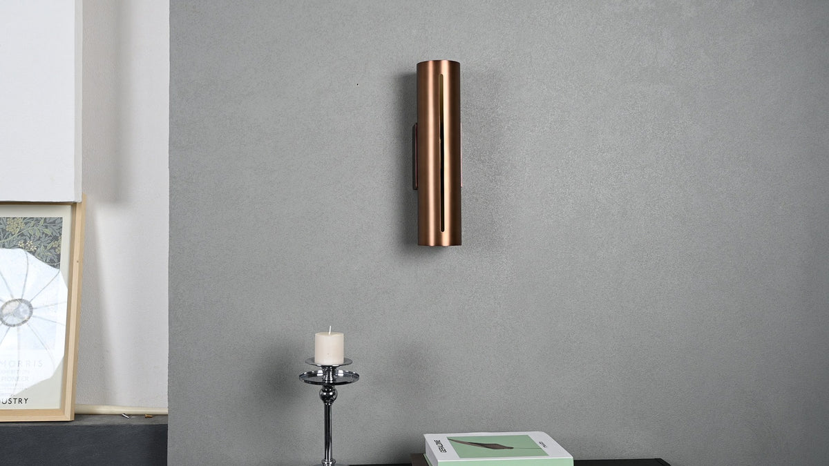 Modern Brass Cylinder LED Wall Sconce in Red Antique Brass - 12 12-real-shot-cylinder-led-wall-sconce-install-view