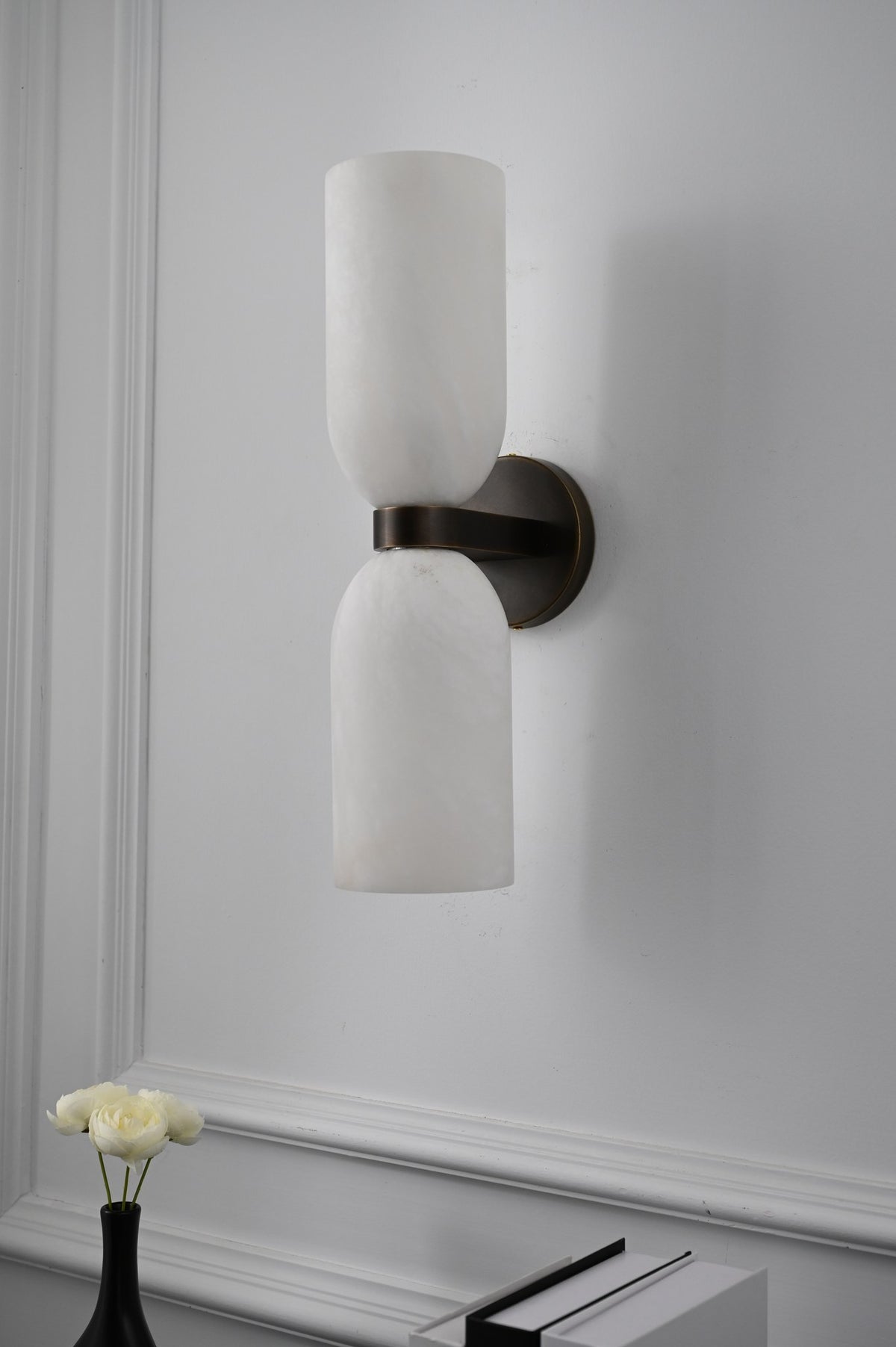 Modern Alabaster Cylinder Wall Sconce in Antique Brass - 12 12-real-shot-cylinder-wall-sconce-close-up