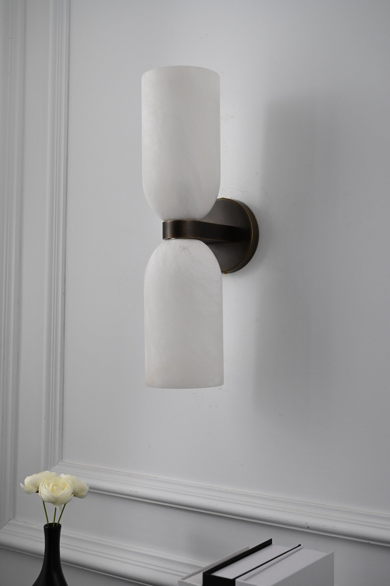 Modern Spanish Alabaster Cylinder Wall Sconce in Antique Brass - 12 12-real-shot-cylinder-wall-sconce-close-up