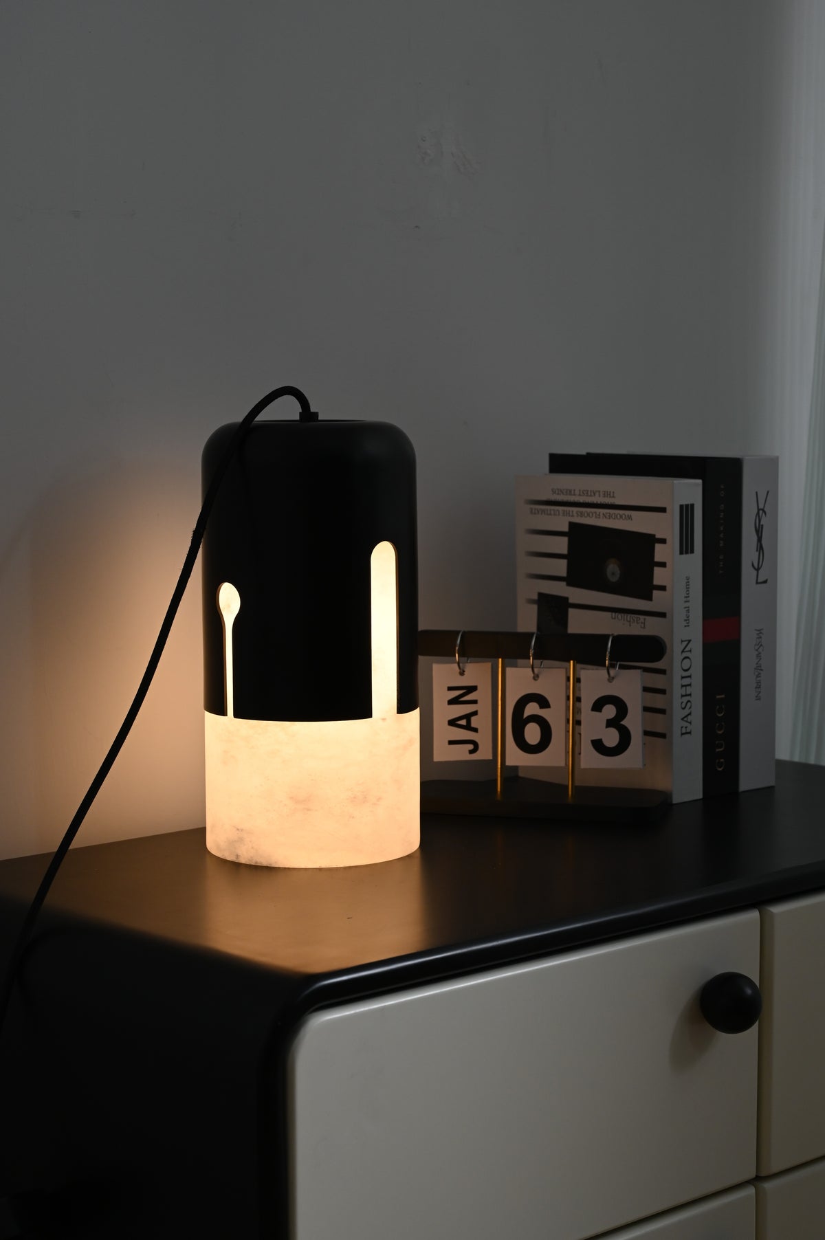 Modern Alabaster Cylinder Pendant Light in Matte Black - 12 12-real-table-glow
