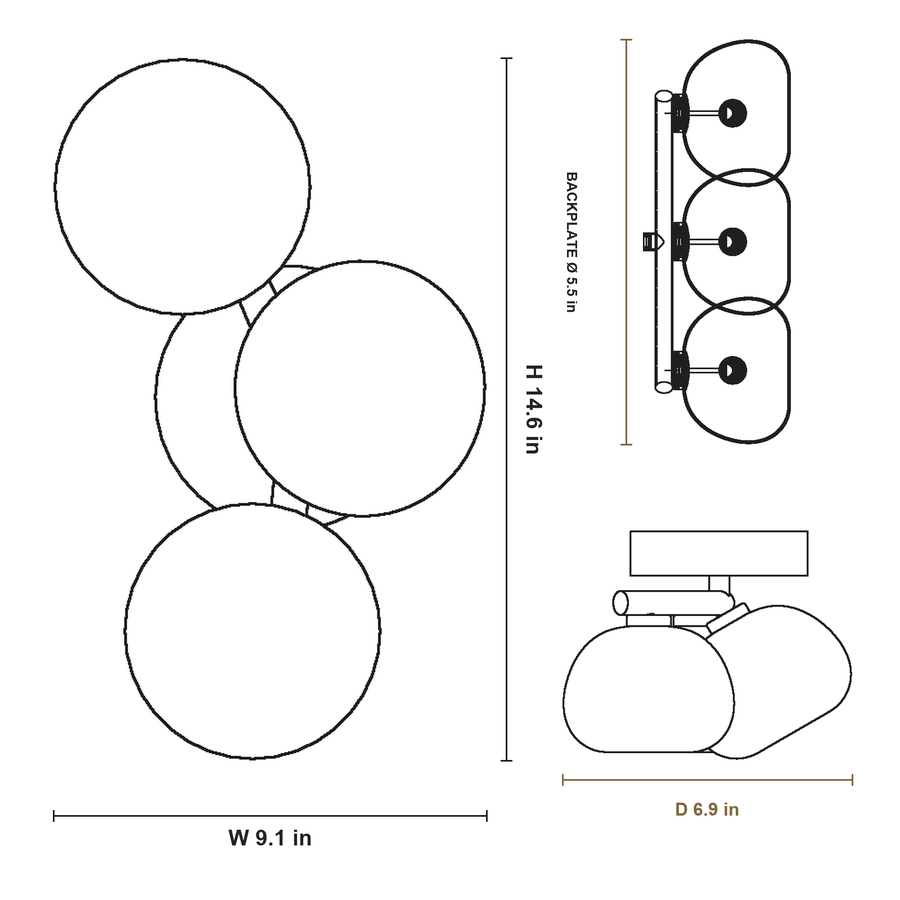 Modern Glass Globe Branch Wall Sconce in Natural Brass - 3 shades CAD dimensions W 9.1 by H 14.6 by D 6.9 inches