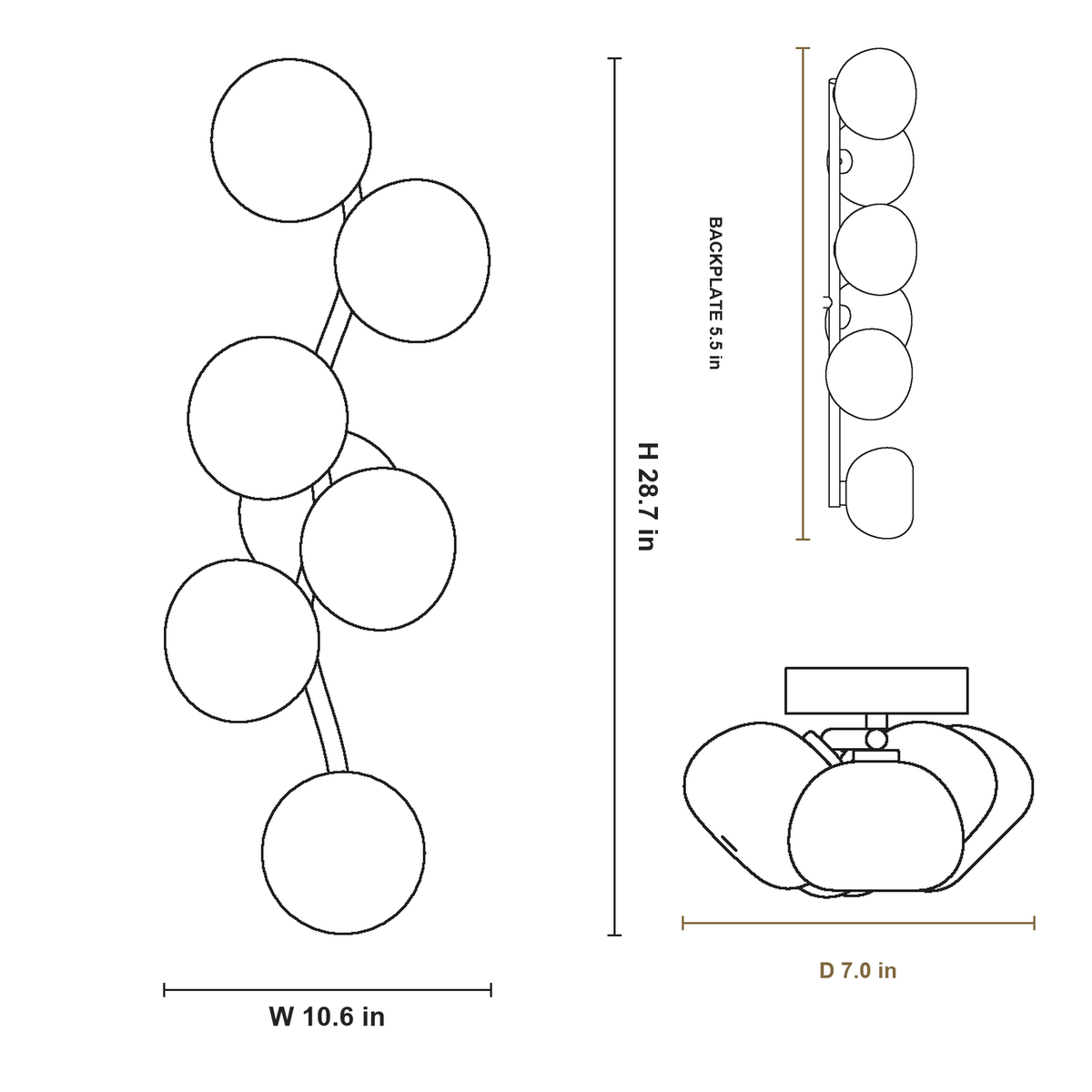 Modern Glass Globe Branch Wall Sconce in Natural Brass - 6 shades CAD dimensions W 10.6 by H 28.7 by D 7.0 inches