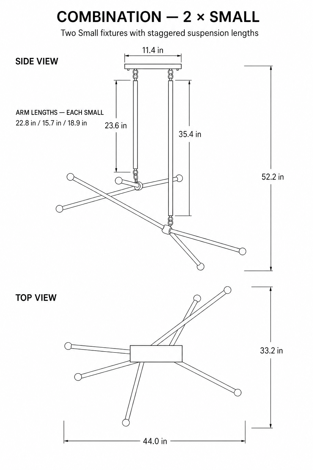 1217 2-Light Combination chandelier dimensions in inches