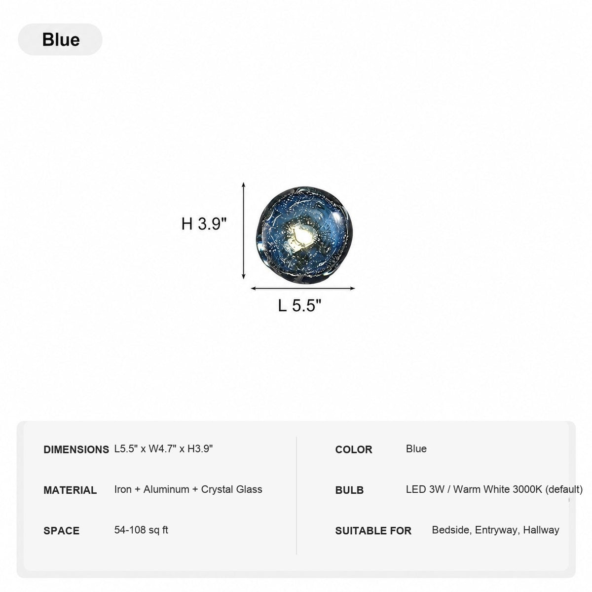 Modern Crystal Glass Globe Wall Sconce - 15 1223-sku-blue