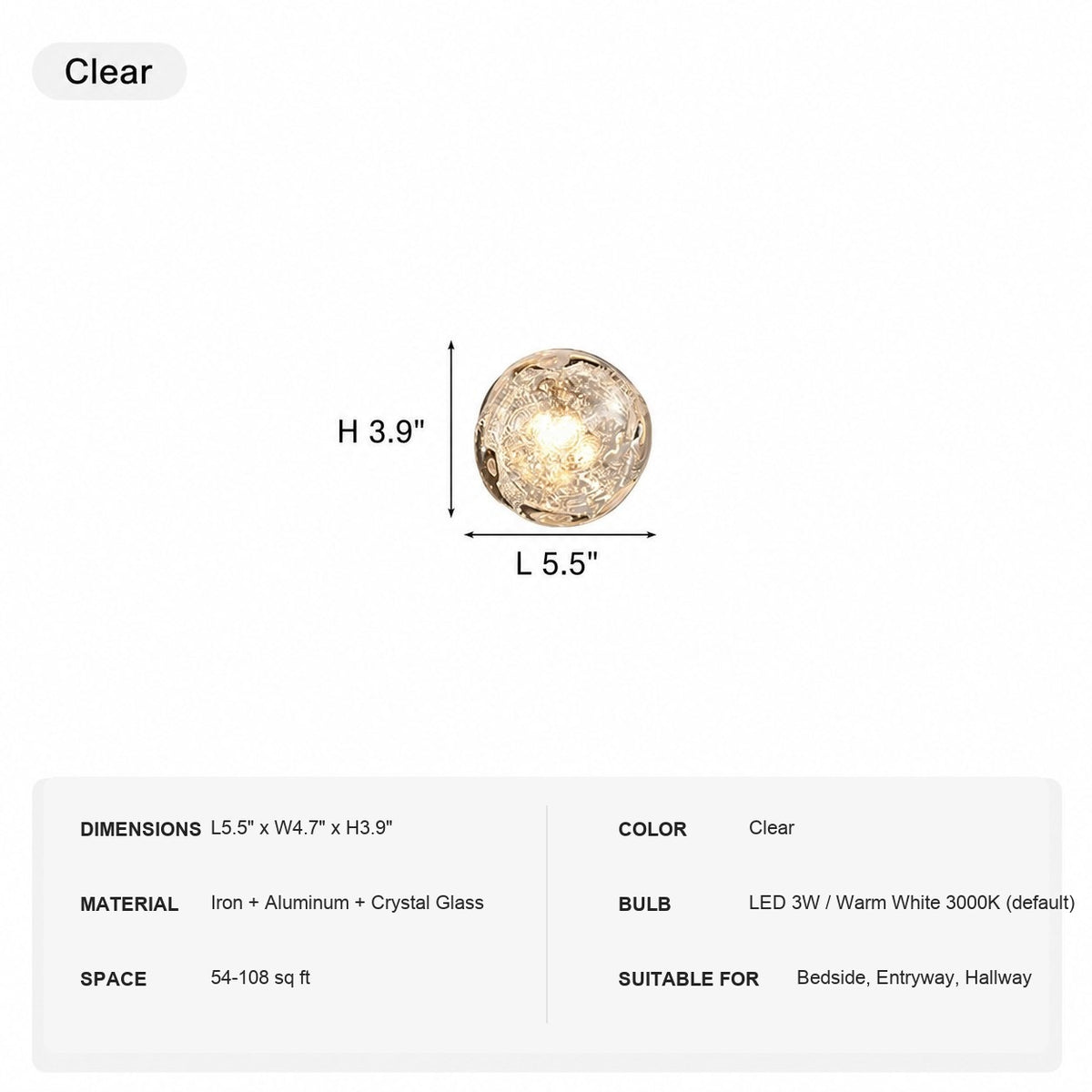 Modern Crystal Glass Globe Wall Sconce - 14 1223-sku-clear