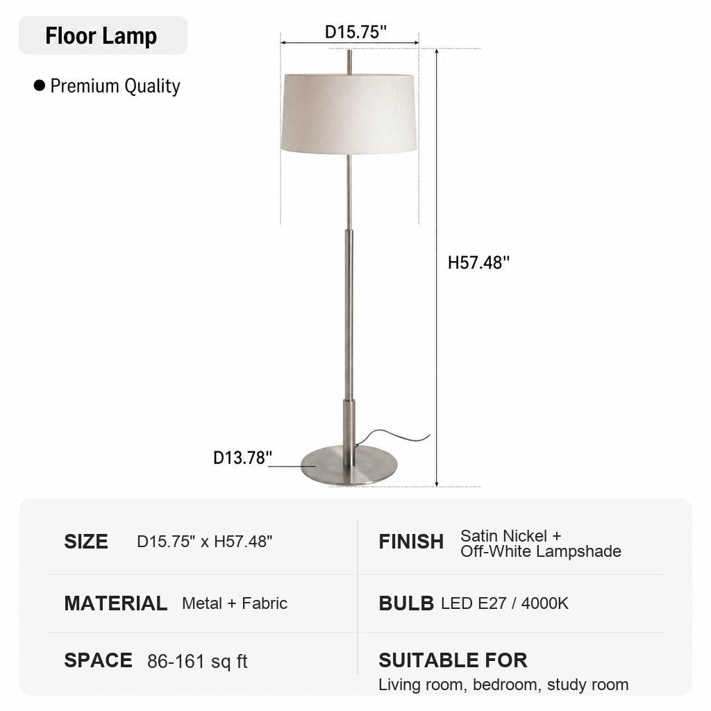 Modern Satin Nickel Off-White Fabric Lamp - 11 1228-sku-floor-lamp-satin-nickel-off-white
