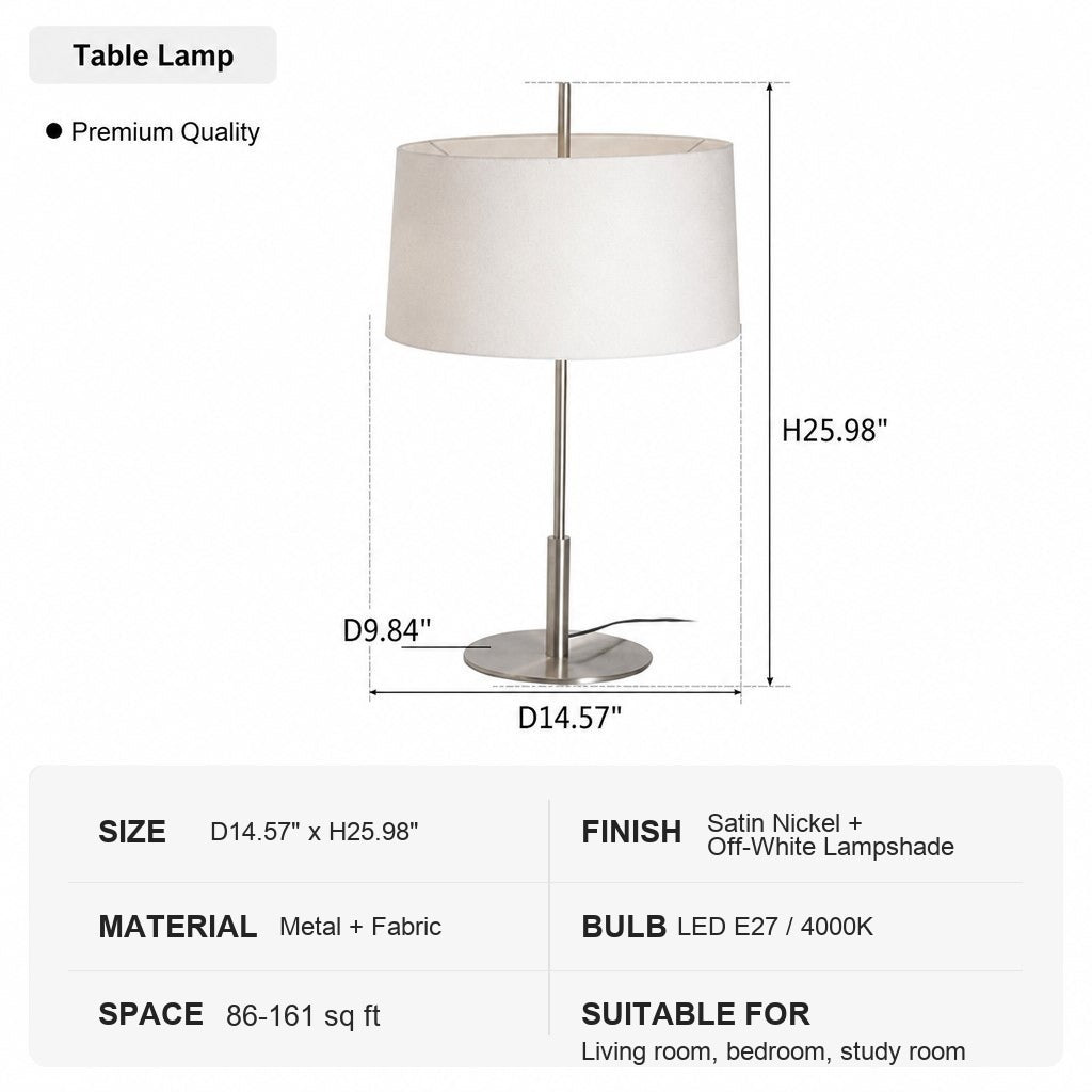 Modern Satin Nickel Off-White Fabric Lamp - 10 1228-sku-table-lamp-satin-nickel-off-white