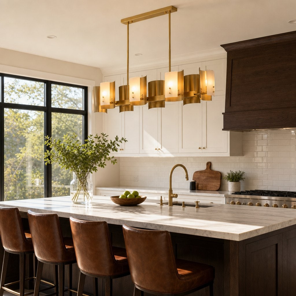 Modern Brushed Brass Alabaster Linear Chandelier - added scene kitchen island