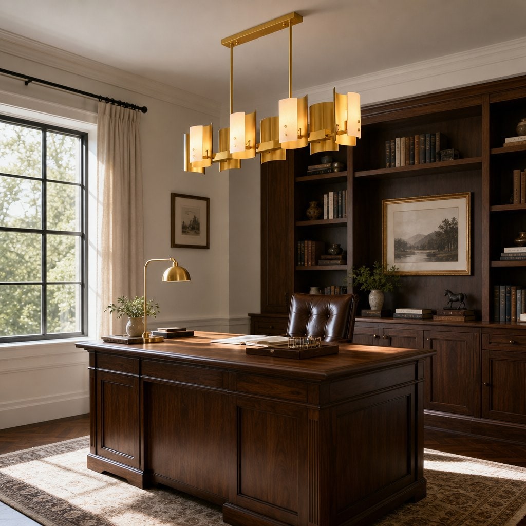 Modern Brushed Brass Alabaster Linear Chandelier - added scene study office