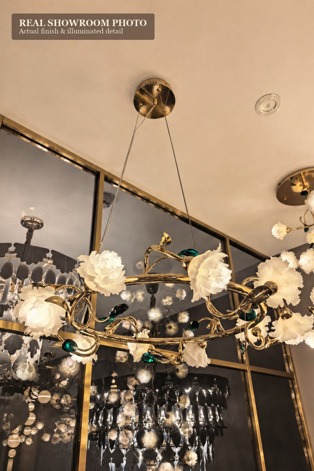 Sylverelle chandelier – close phone-shot view of floral ring chandelier and suspension