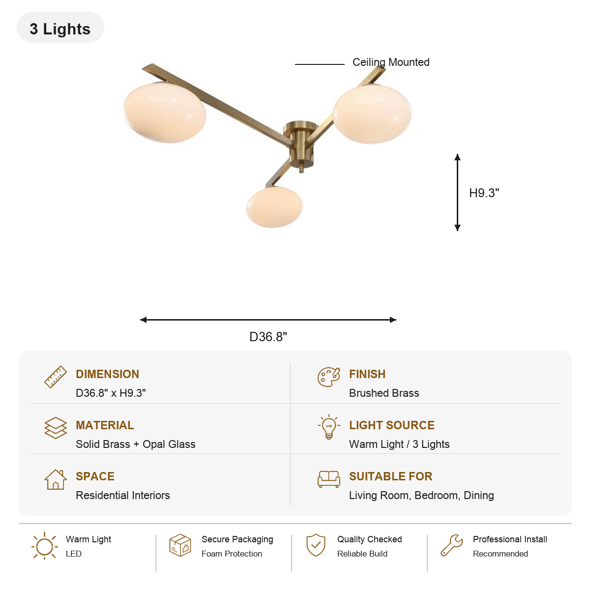 Solid Brass Opal Glass Semi-Flush Ceiling Light 3 Lights SKU specification card