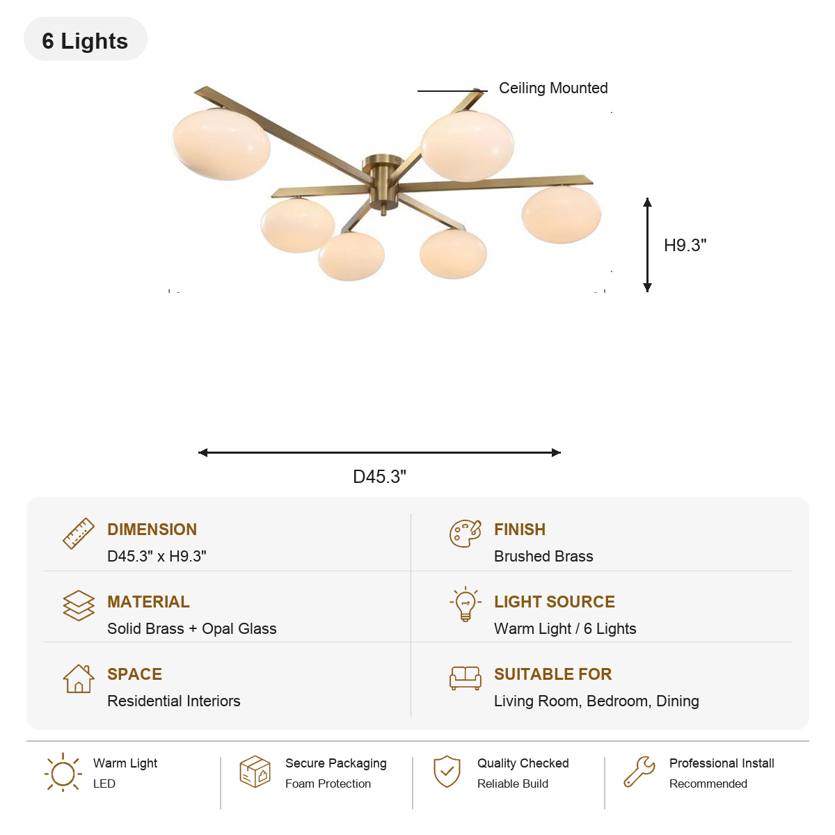 Solid Brass Opal Glass Semi-Flush Ceiling Light 6 Lights SKU specification card