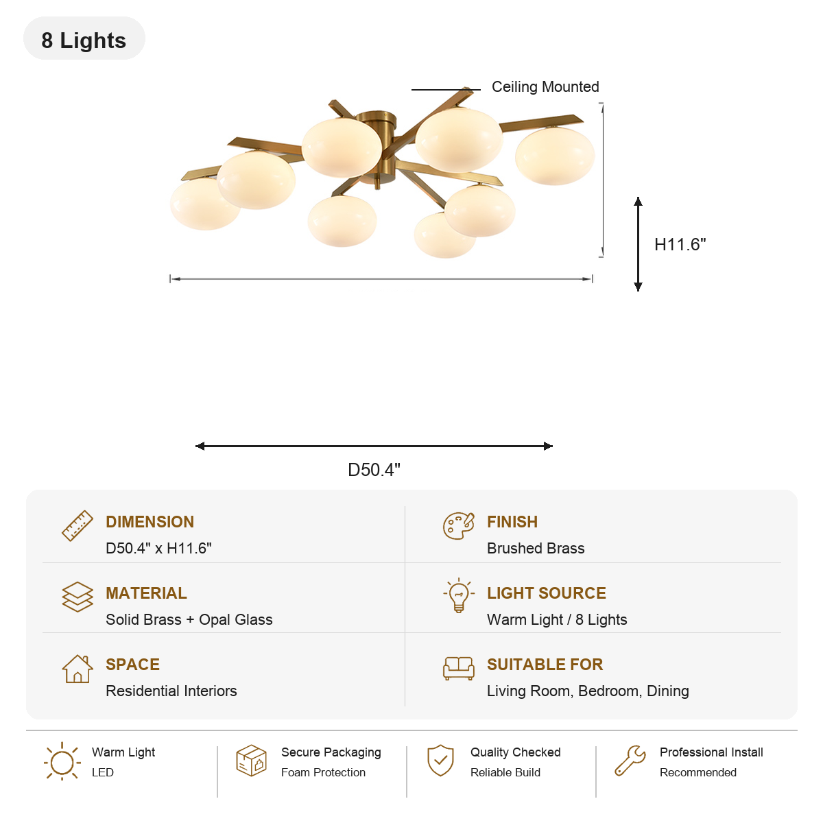 Solid Brass Opal Glass Semi-Flush Ceiling Light 8 Lights SKU specification card