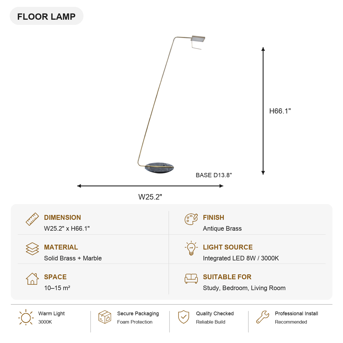 Antique Brass Marble LED Floor Lamp SKU specification card