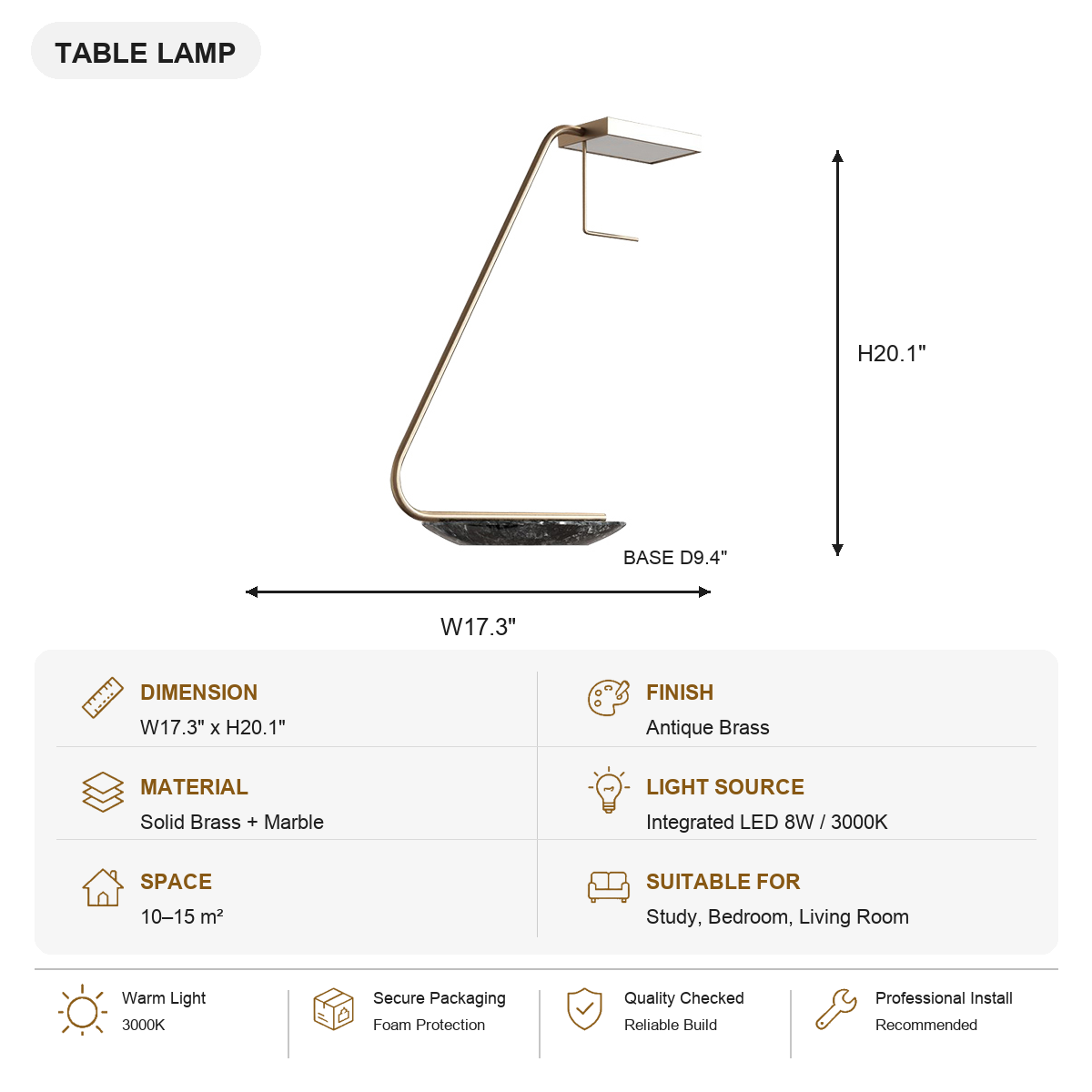 Antique Brass Marble LED Table Lamp SKU specification card