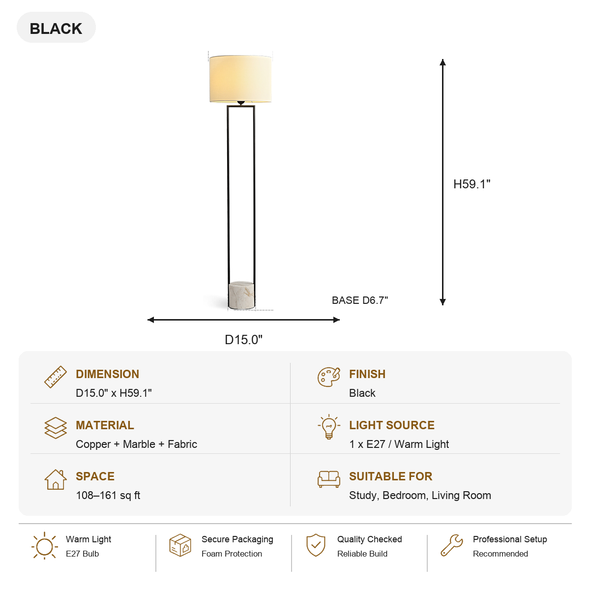 Double-Rod Marble Base Floor Lamp Black SKU specification card